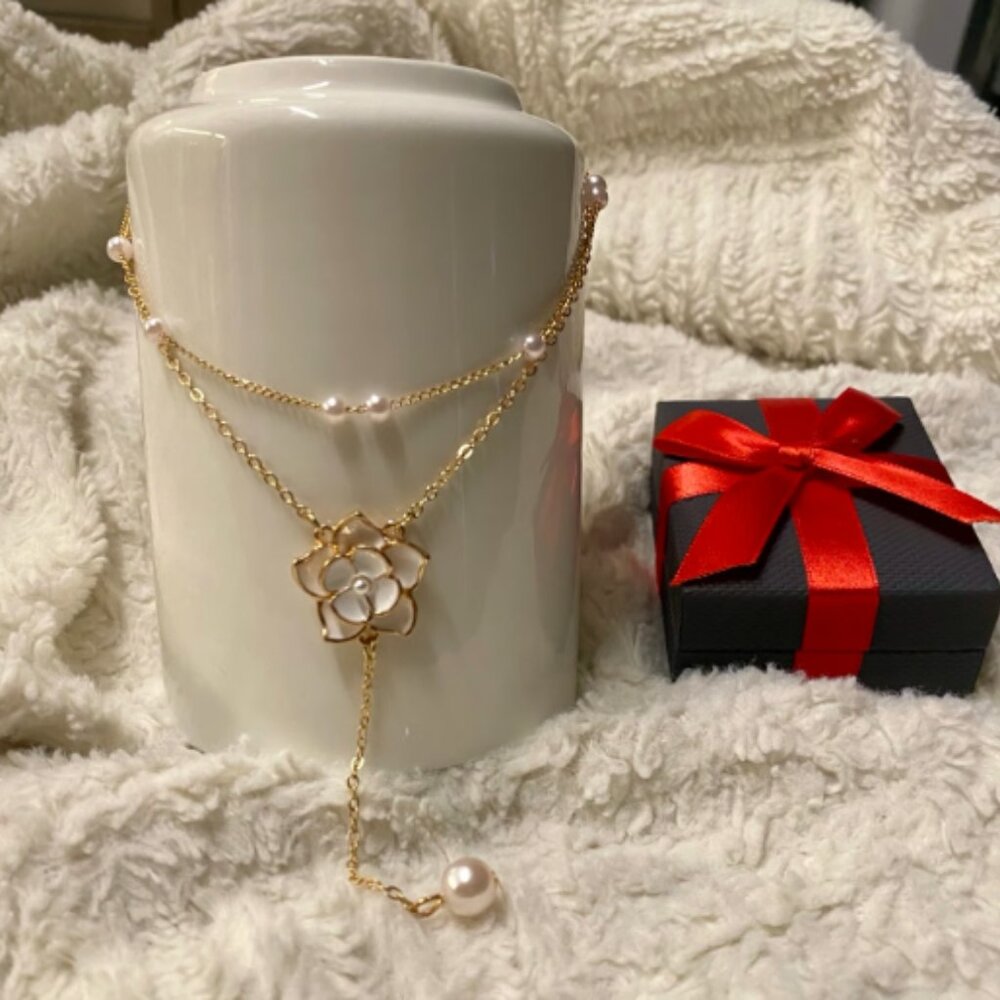 Double layer flower pendant necklace, gold plated faux pearls, with gift box